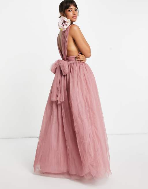 ASOS DESIGN – Różana tiulowa sukienka maxi z głębokim dekoltem i kokardą na plecach