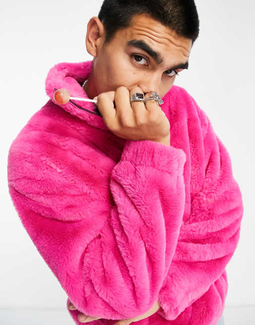 ASOS DESIGN – Różowa bluza oversize ze sztucznego futerka z suwakiem pod szyją