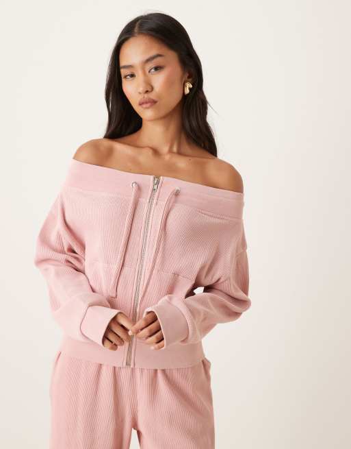 ASOS DESIGN – Różowa bluza z odsłoniętymi ramionami i zapięciem na zamek z fakturowanej dzianiny o waflowej fakturze