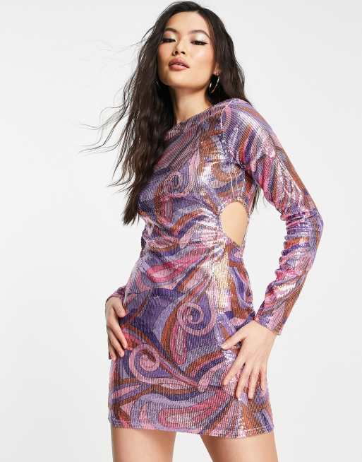 ASOS DESIGN – Różowa cekinowa sukienka mini z długimi rękawami i wycięciami