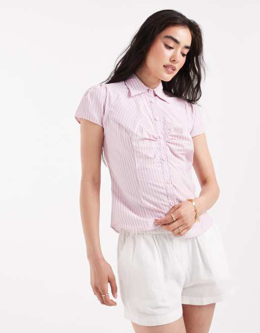 ASOS DESIGN – Różowa dopasowana koszula popelinowa z rękawami z ramię we wzór w paski