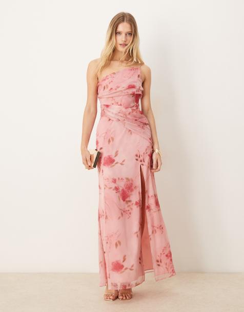 ASOS DESIGN – Różowa drapowana sukienka maxi na jedno ramię w kwiatowy wzór - view 1