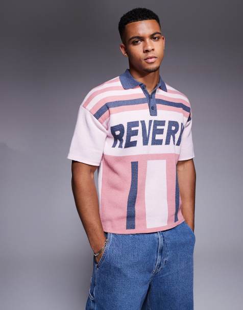 ASOS DESIGN relaxed knitted polo with Reverie graphic in pink