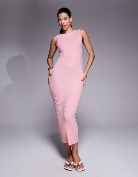 ASOS DESIGN knitted slash neck midaxi dress in wide rib in pink