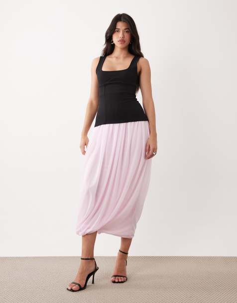ASOS DESIGN – Różowa gorsetowa sukienka maxi z odsłoniętymi ramionami, kwadratowym dekoltem i siateczkowym dołem - view 1