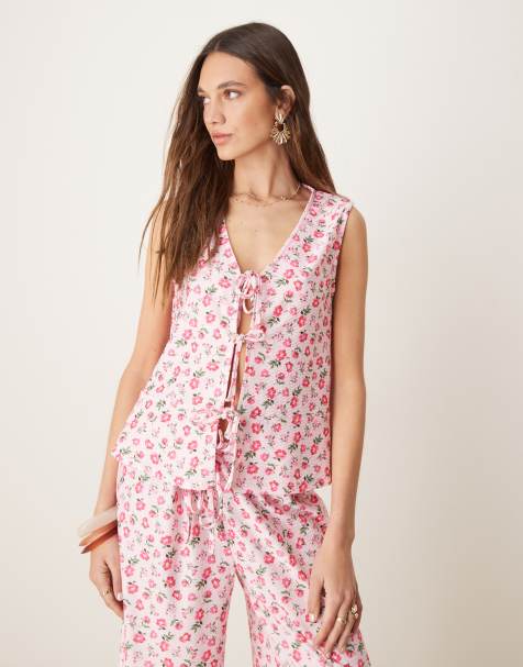 ASOS DESIGN tie front frilly waistcoat co-ord in pink ditsy floral