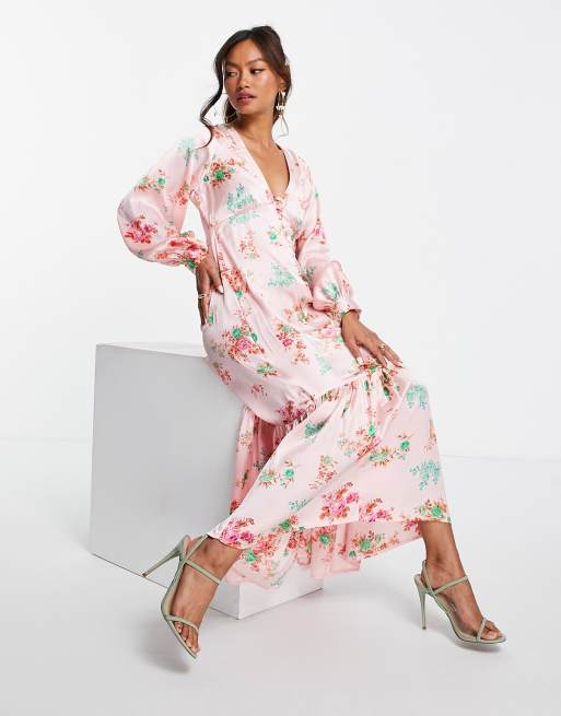 ASOS DESIGN – Różowa koktajlowa sukienka maxi w kwiaty z guzikami z przodu