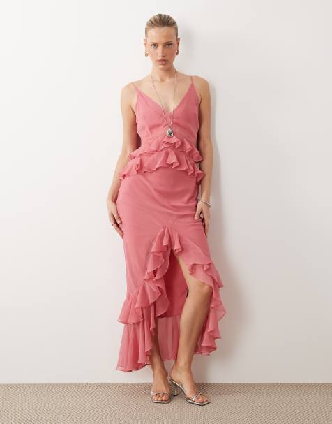 ASOS DESIGN – Różowa kolumnowa sukienka maxi na ramiączkach z falbankami - view 1