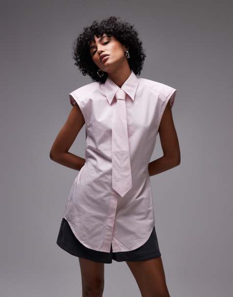 ASOS DESIGN shoulder pad sleeveless shirt with tie in pink