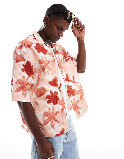 ASOS DESIGN – Różowa koszula o pudełkowym kroju oversize z kołnierzykiem kubańskim w kwiatowy wzór