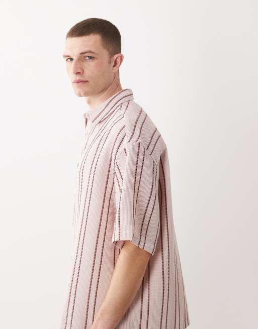 ASOS DESIGN – Różowa koszula oversize o waflowej strukturze we wzór w paski, 3 z 5