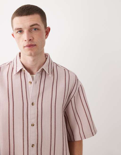 ASOS DESIGN – Różowa koszula oversize o waflowej strukturze we wzór w paski, 4 z 5