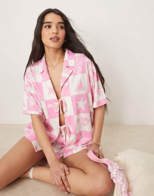 ASOS DESIGN – Różowa koszula z kołnierzykiem kubańskim o lnianym wyglądzie ze wzorem w muszle, część zestawu