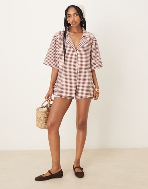 ASOS DESIGN – Różowa koszula z kołnierzykiem kubańskim w kratkę vichy
