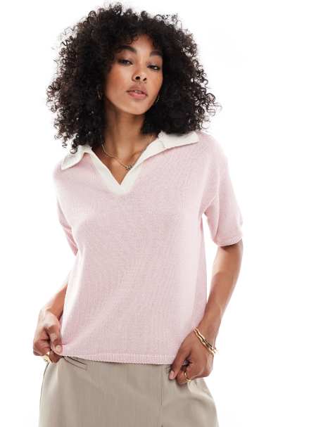 ASOS DESIGN compact knitted polo top in pink