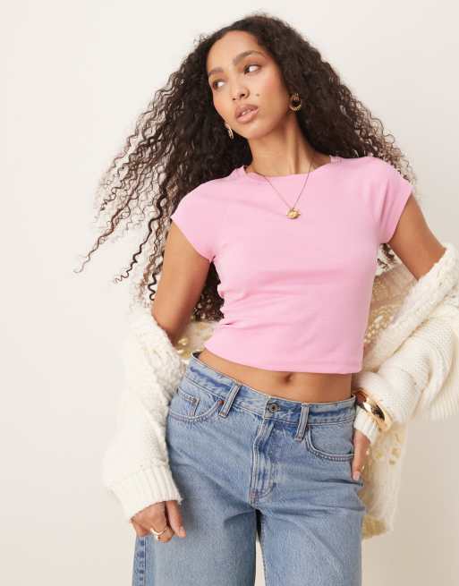 ASOS DESIGN – Różowa krótka i obcisła koszulka z raglanowymi rękawami