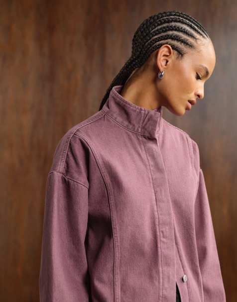 ASOS DESIGN denim funnel neck oversized jacket in pink