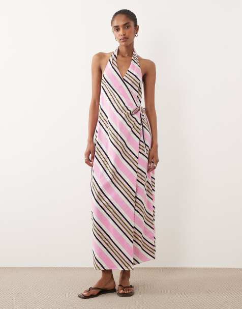 ASOS DESIGN – Różowa letnia sukienka kopertowa maxi z bawełny i lnu w paski z dekoltem halter - view 1