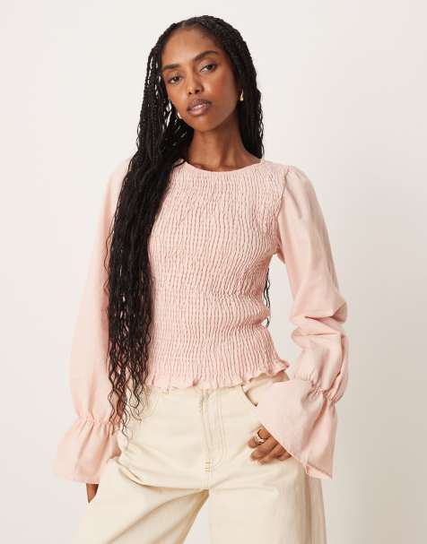 ASOS DESIGN linen blend shirred blouse in pink