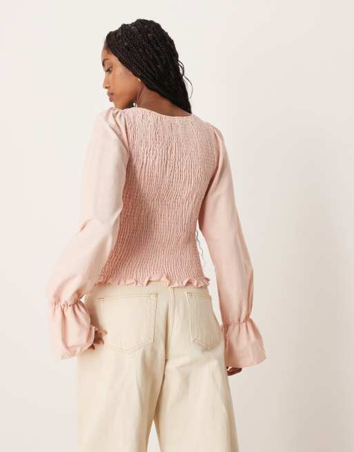ASOS DESIGN – Różowa marszczona bluzka z imitacji lnu, 3 z 4
