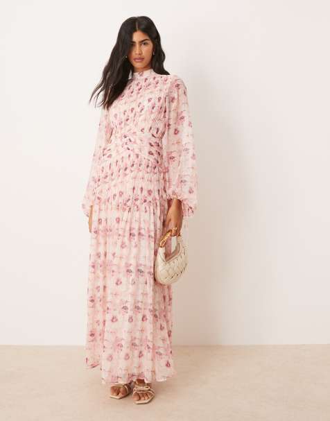 ASOS DESIGN – Różowa marszczona sukienka maxi z zabudowanym dekoltem w rozmyty kwiatowy wzór ze wstawką w szpic - view 1