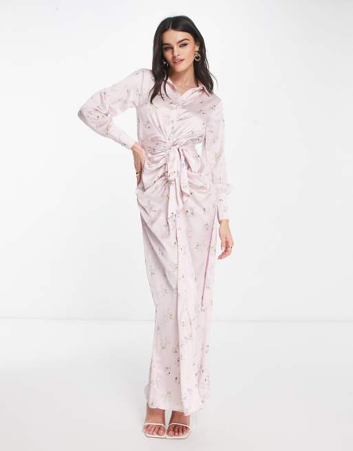 ASOS DESIGN – Różowa marszczona sukienka z paskiem w drobny kwiatowy wzór