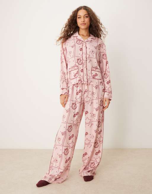ASOS DESIGN – Różowa piżama z modalu we wzór z motywami rodeo: koszula i spodnie z szerokimi nogawkami