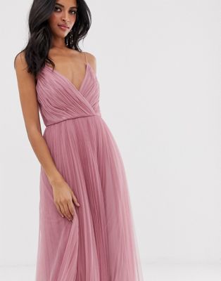 ASOS DESIGN – Różowa plisowana sukienka maxi na ramiączkach z tiulu | ASOS