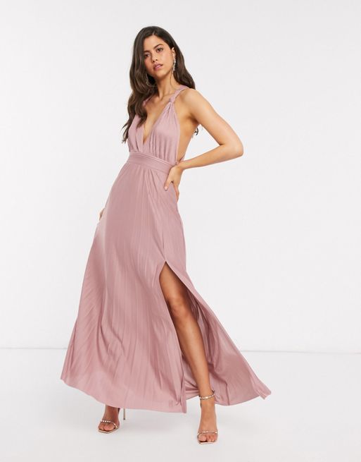 ASOS DESIGN – Różowa plisowana sukienka maxi na wiązanych ramiączkach | ASOS