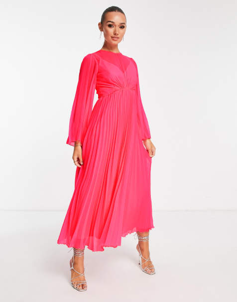 ASOS DESIGN – Różowa plisowana sukienka midi z wiązaniem z tyłu i rozszerzanymi rękawami - view 1