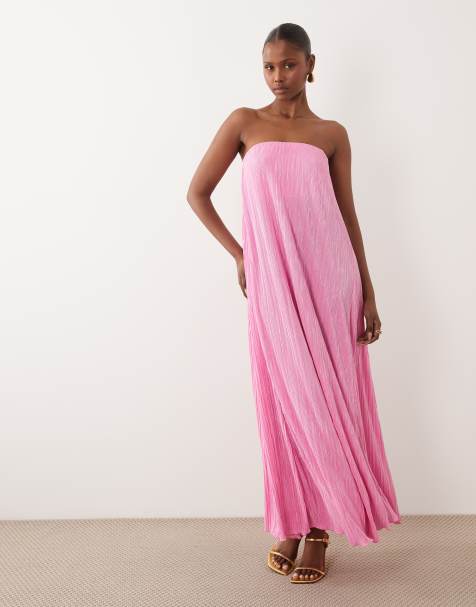 ASOS DESIGN – Różowa plisowana sukienka trapezowa midi z dekoltem bandeau - view 1