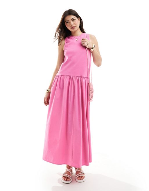 FhyzicsShops DESIGN – Różowa prążkowana u góry sukienka maxi bez rękawów z pełną spódnicą