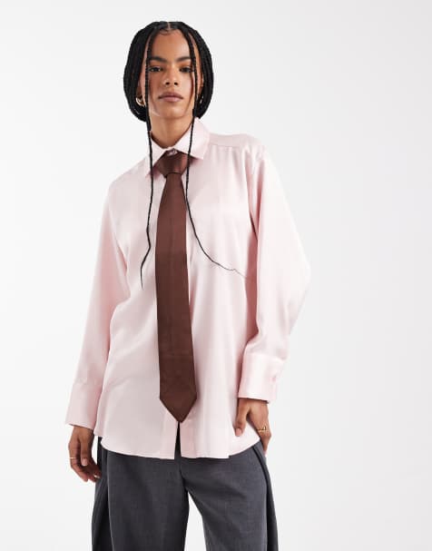 ASOS DESIGN – Różowa satynowa koszula oversize ze zwężeniem i kontrastowym krawatem - view 1