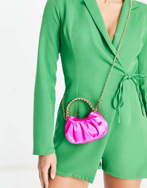 ASOS DESIGN – Różowa satynowa marszczona torebeczka z rączką u góry i odpinanym paskiem crossbody