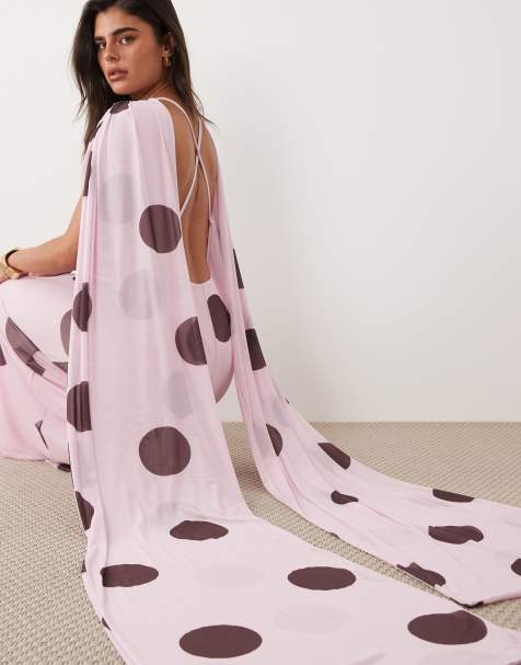 ASOS DESIGN – Różowa, siateczkowa sukienka maxi w brązowe grochy, z drapowanym szalem - view 1