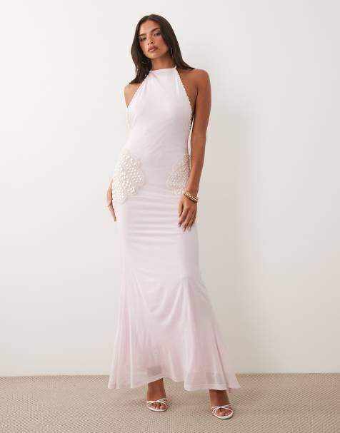 ASOS DESIGN – Różowa siateczkowa sukienka maxi z muszlami zdobionymi perełkami - view 1