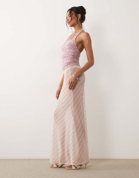 ASOS DESIGN – Różowa spódnica maxi z prześwitującej siateczki we wzór w kratę - view 1