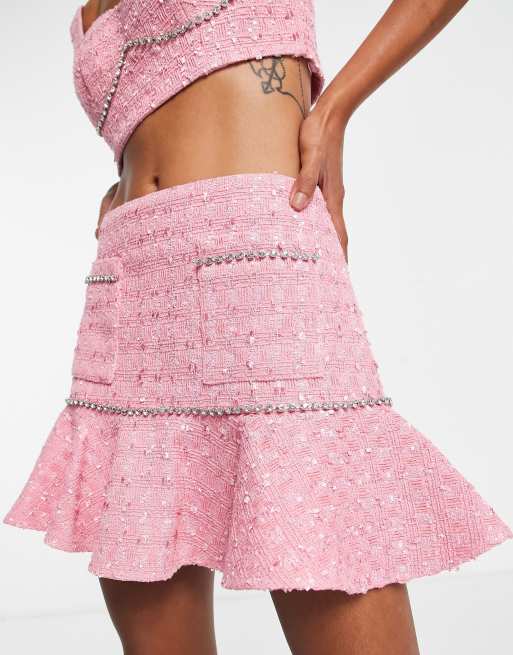 ASOS DESIGN – Różowa spódnica mini z tkaniny boucle z ozdobnymi detalami z diamencików – Część zestawu 
