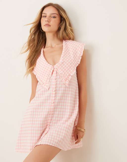 ASOS DESIGN – Różowa sukienka koszulowa bez rękawów z kołnierzem oversize w kratkę vichy