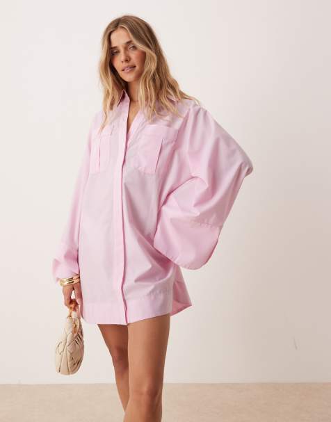 ASOS DESIGN mini shirt dress with wide cuffs and oversized pockets in sugary pink