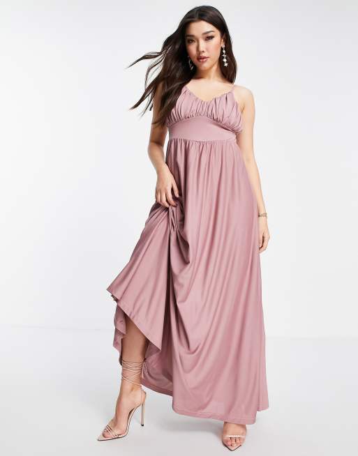 ASOS DESIGN – Różowa sukienka maxi na cienkich ramiączkach z marszczeniem na biuście
