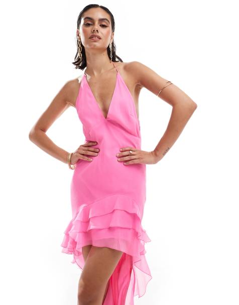 ASOS DESIGN – Różowa sukienka maxi z dekoltem halter, falbankami i asymetrycznym dołem - view 1