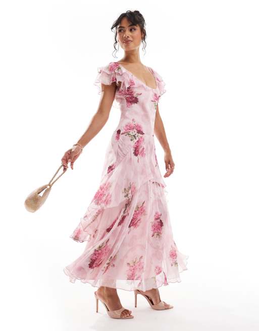 ASOS DESIGN – Różowa sukienka maxi z falbankami i rozkloszowanymi rękawami w kwiatowy wzór