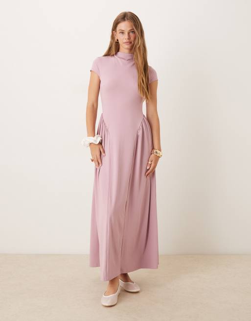 ASOS DESIGN – Różowa sukienka maxi z krótkimi rękawkami i marszczeniem na biodrach