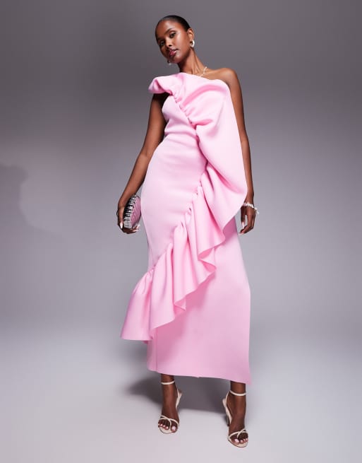 ASOS DESIGN – Różowa sukienka maxi z materiału typu nurek z dekoltem bandeau i usztywnianą falbaną