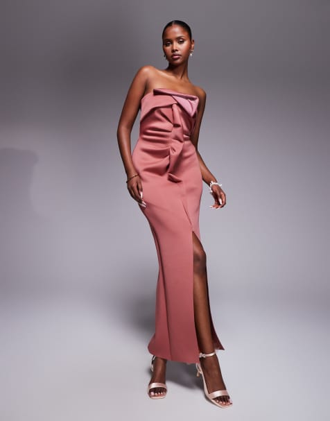 ASOS DESIGN bandeau midi dress with twisted front detailing  midi dress in rose in scuba-style fabric