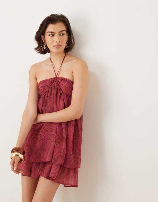 ASOS DESIGN – Różowa sukienka mini we wzór paisley z dekoltem halter i marszczeniem na biuście