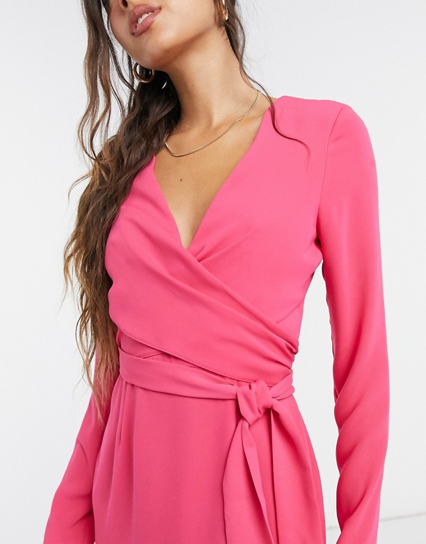 ASOS DESIGN – RÓżowa sukienka ołÓwkowa midi z kopertowym wiązanym przodem Jaskrawy rÓż Zamówienie 