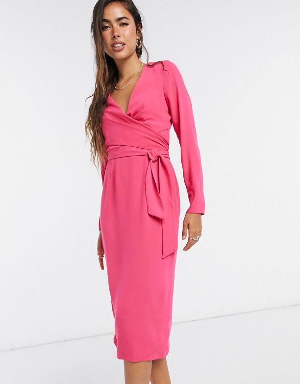 ASOS DESIGN – RÓżowa sukienka ołÓwkowa midi z kopertowym wiązanym przodem Jaskrawy rÓż Zamówienie 