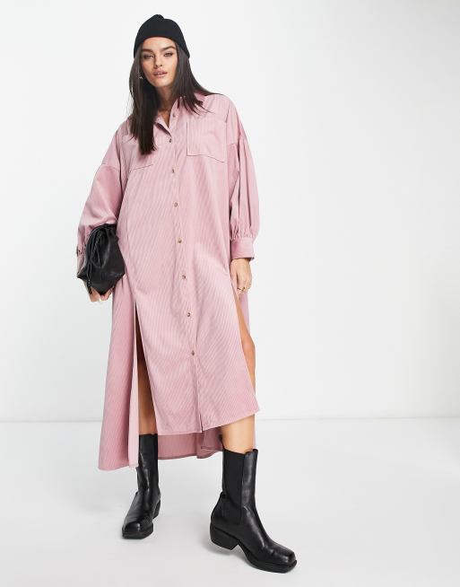 ASOS DESIGN – Różowa sztruksowa sukienka koszulowa maxi z rozcięciami